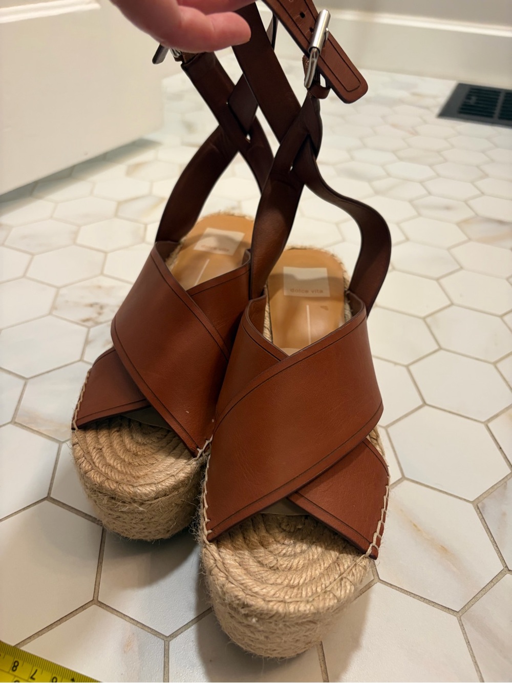 Dolce Vita Tan Brown Leather Espadrille Wedge Sandals with Cross Ankle Strap 8